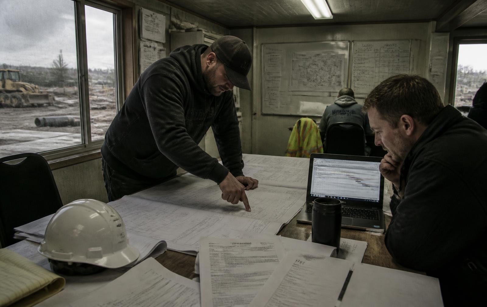 Site office table covered in drawings, change orders and a project schedule on a laptop