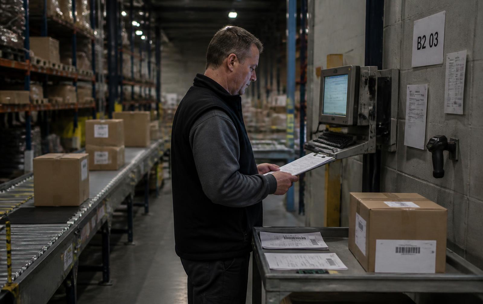 Warehouse worker checking a picking list beside a shelf terminal and conveyor