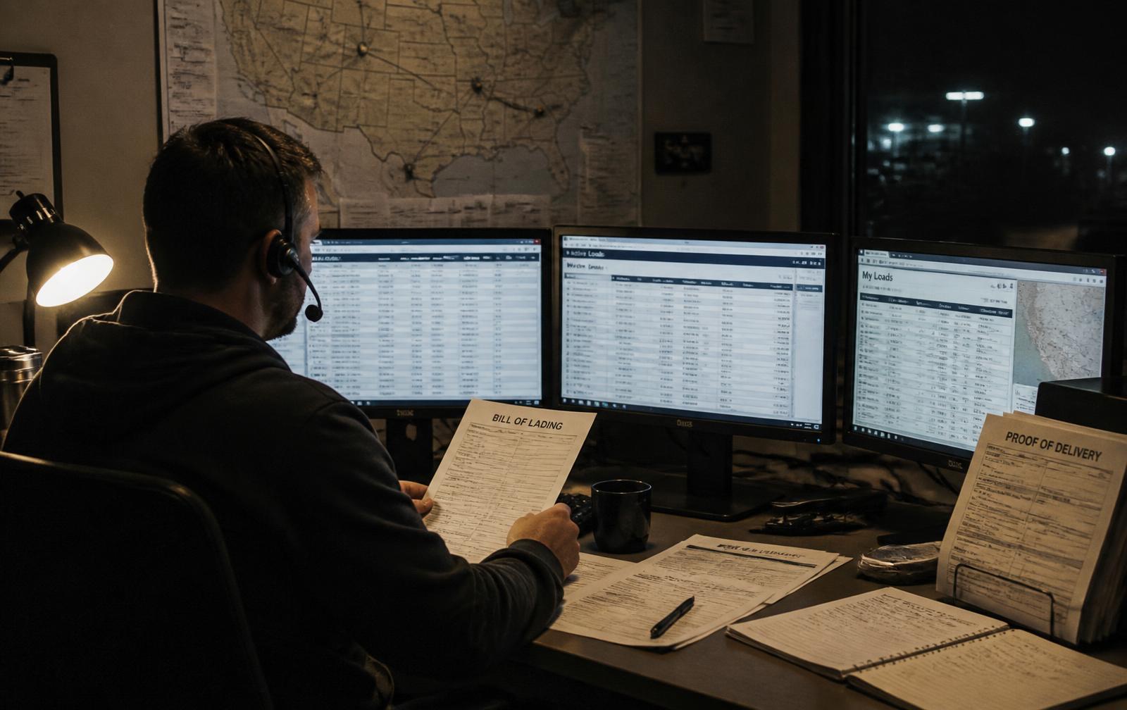 Dispatcher reviewing a bill of lading in front of load boards at night
