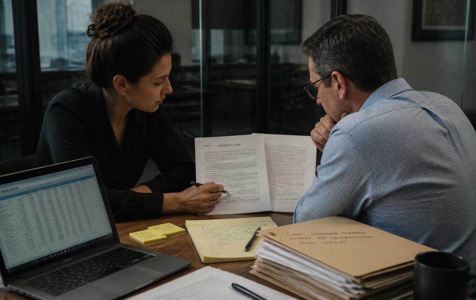 Two colleagues reviewing a marked-up engagement letter next to a billing spreadsheet