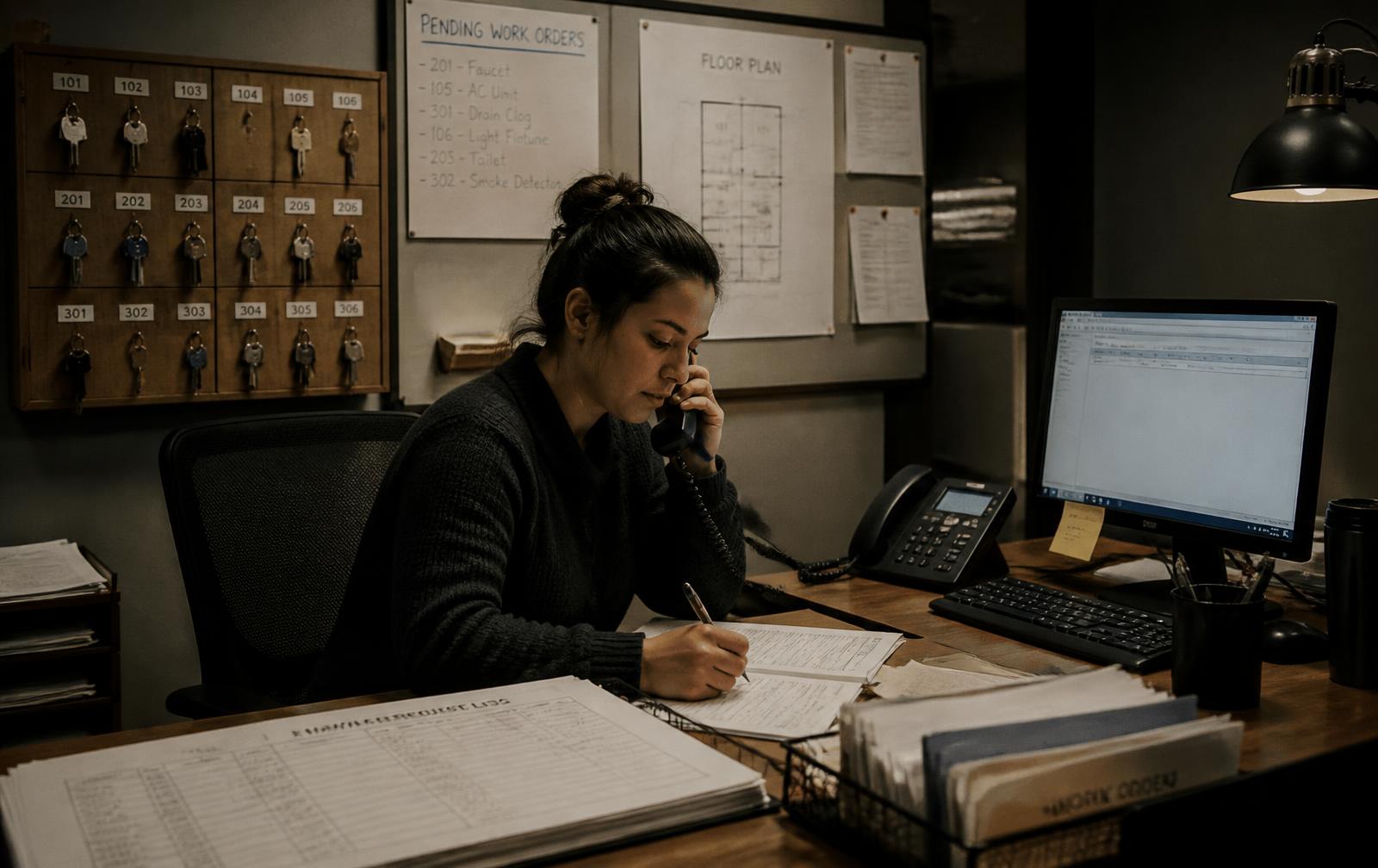 Property coordinator logging a maintenance request beside a key cabinet and work order board