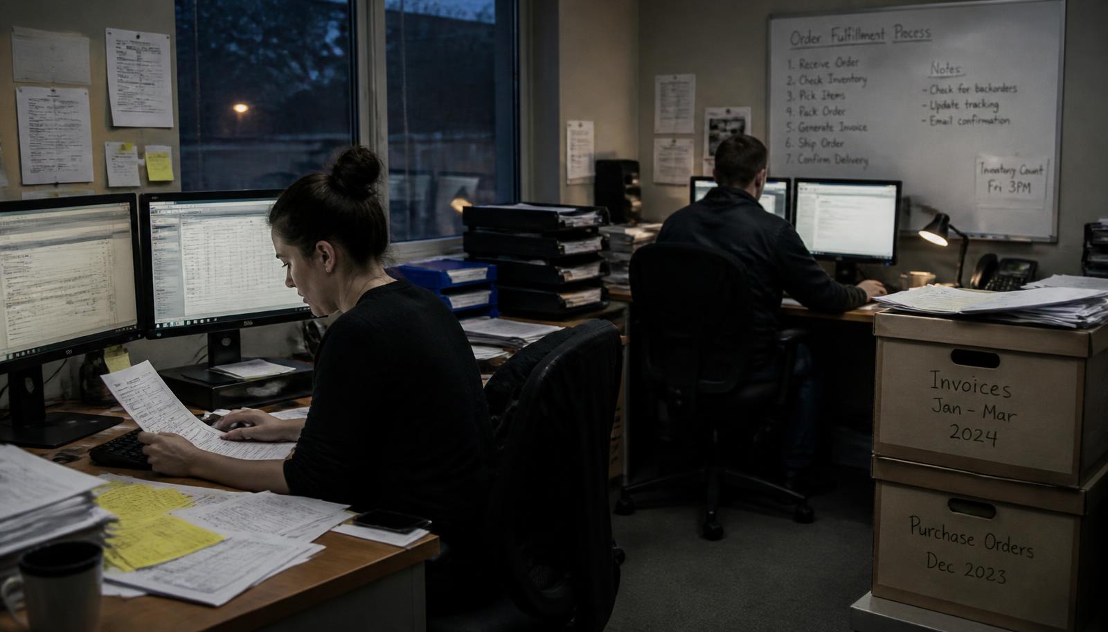 Operations team working through invoices, work orders and email at adjacent desks