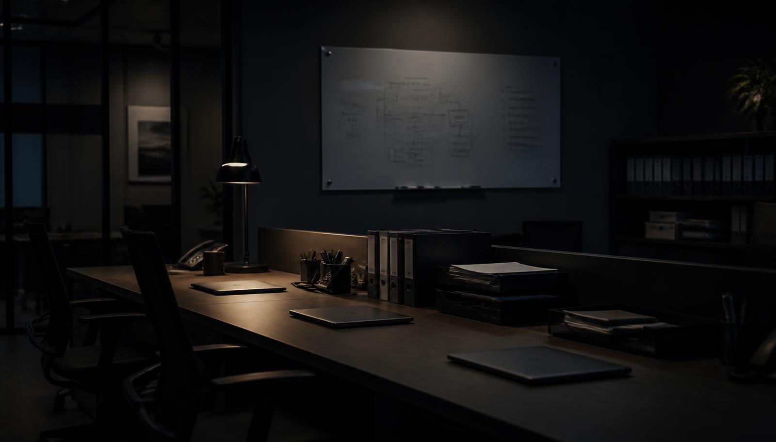 Quiet operations workspace after hours with document trays, binders and a process diagram on a whiteboard